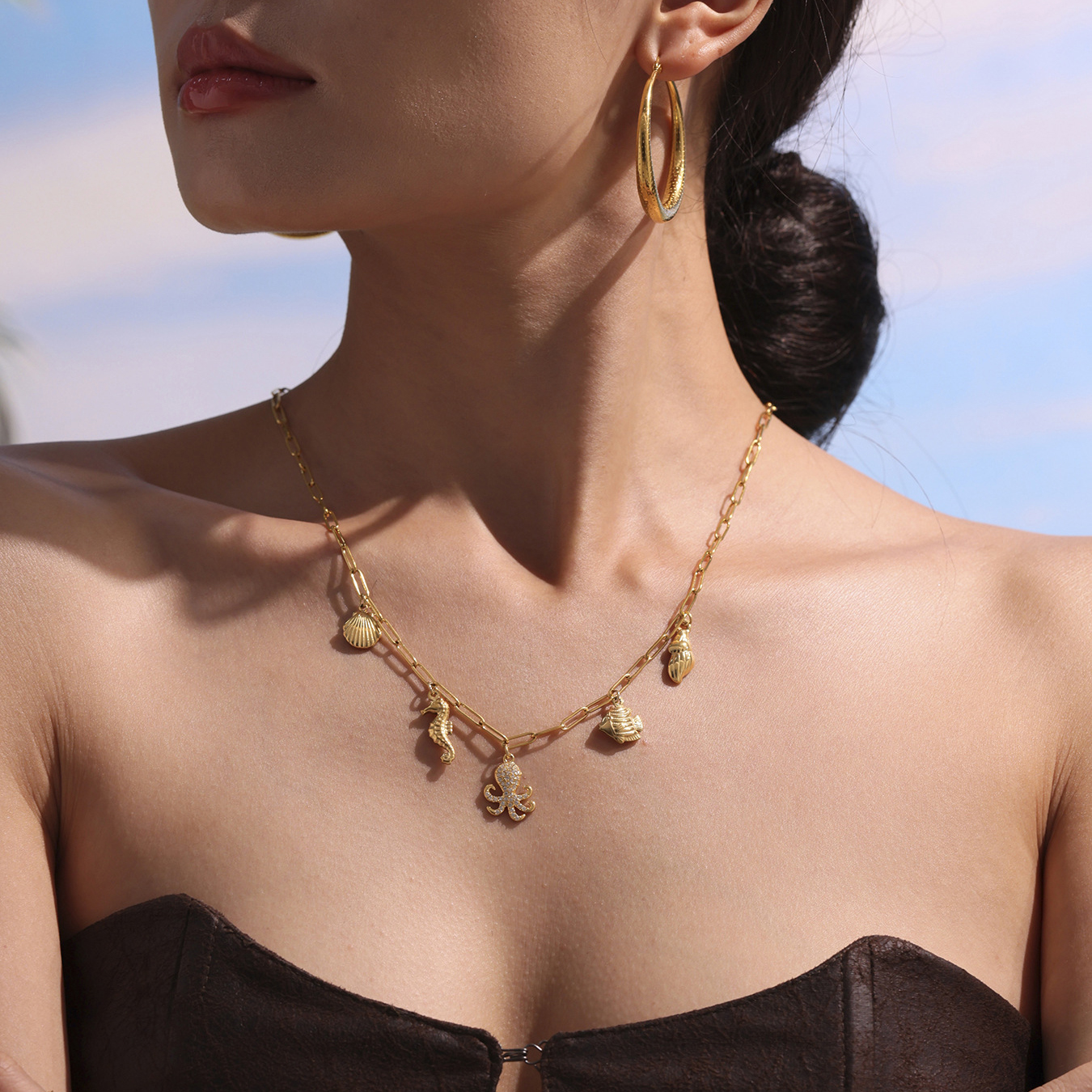 Gold Ocean Charm Necklace, Layered Chain with Octopus, Seahorse & Shell Pendants, Beachy Nautical Jewelry Layered Chain