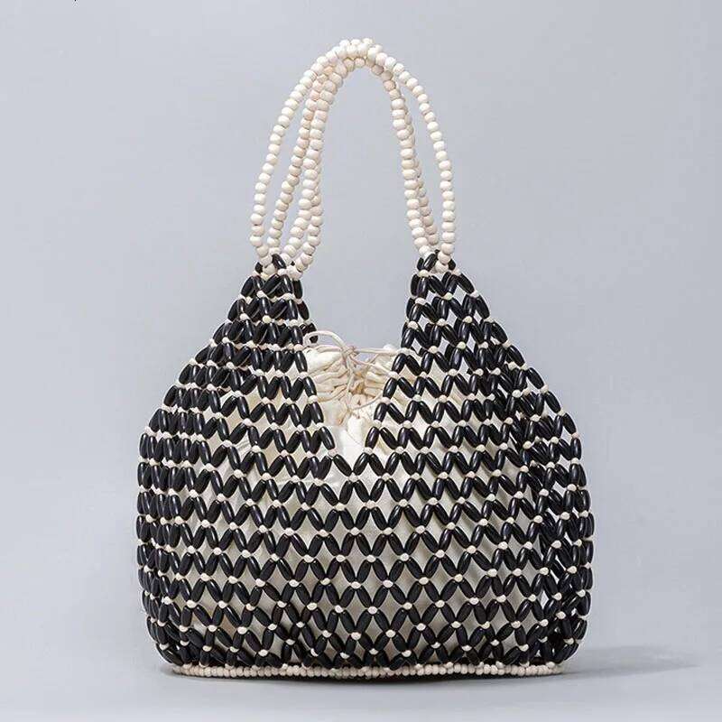 Designer straw bags Tote Bag Handmade Woven Women Handbag Exquisite Design Hollow-Out Wooden Beaded Shoulder Female