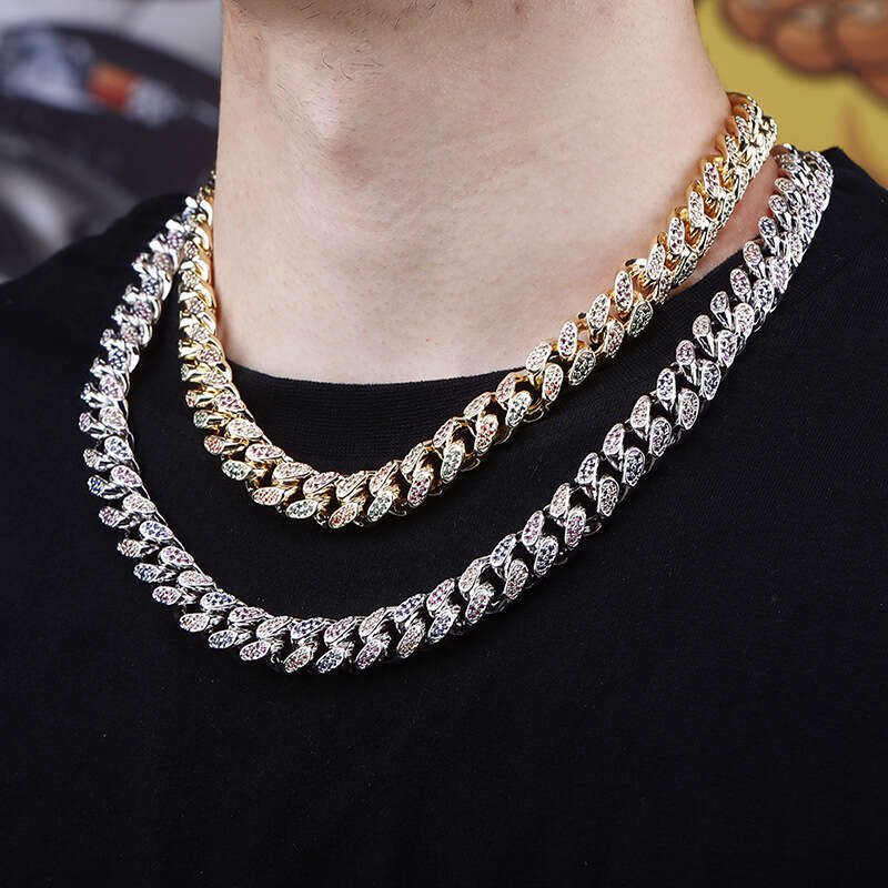 Men's Hip-Hop Colorful Necklace Hiphop Copper Inlaid Zircon 14/18mm Bar Cuban Chain