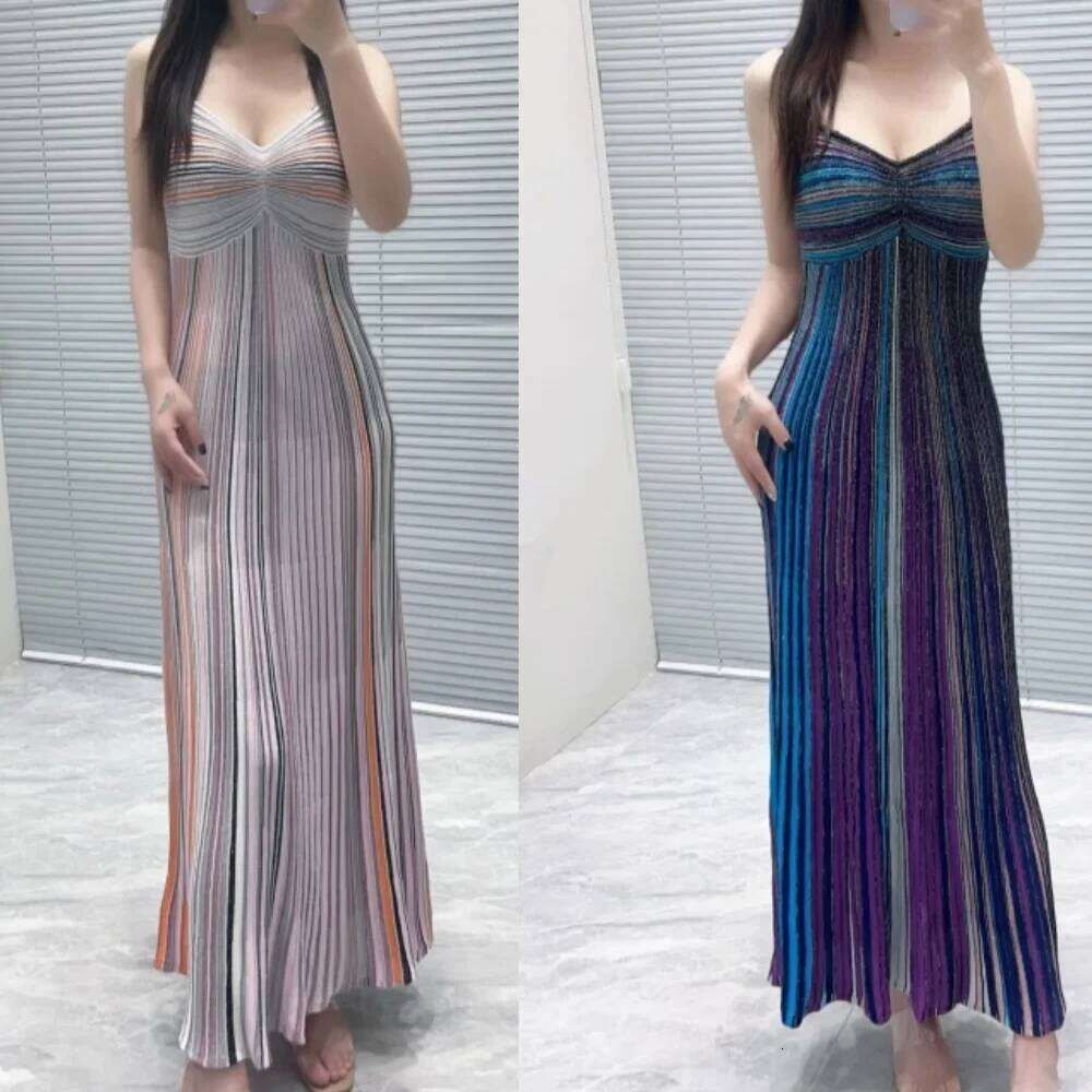 Women Sequined Multicolor Striped Sling Dress V-Neck High Waist Sleeveless Vintage Slim Knitted Long Dress