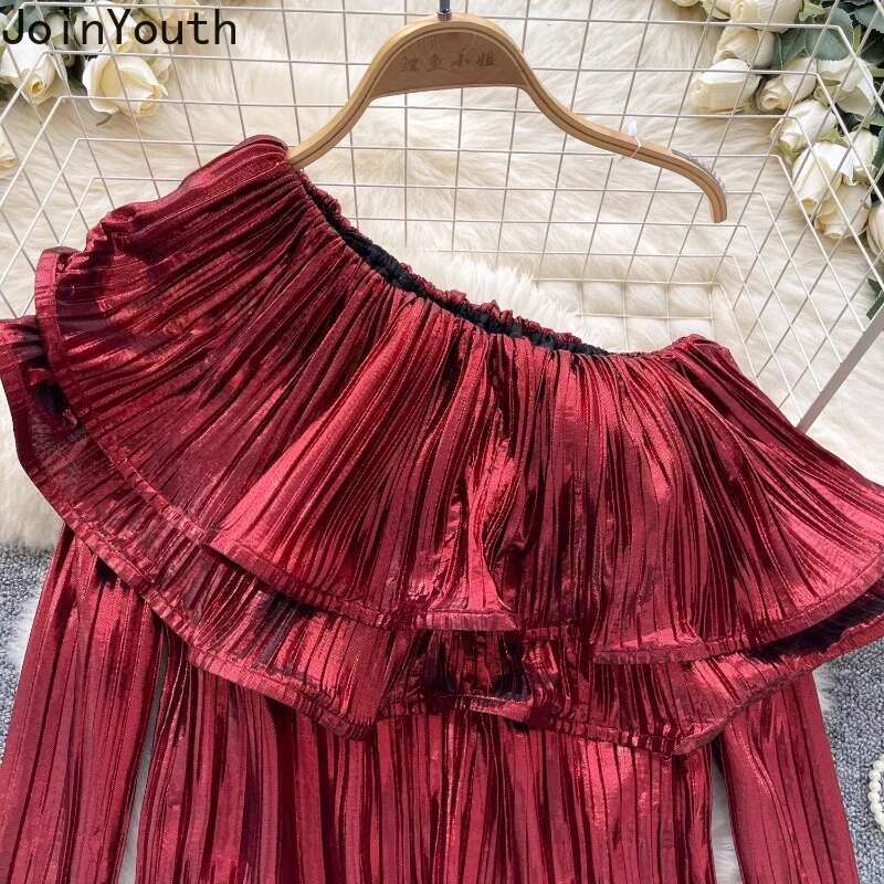2025 Blusas Mujer De Moda Sexy Blouses for Women Long Sleeve Off Shoulder Shirts Ruffles Loose Pleated Temperament Tops Female