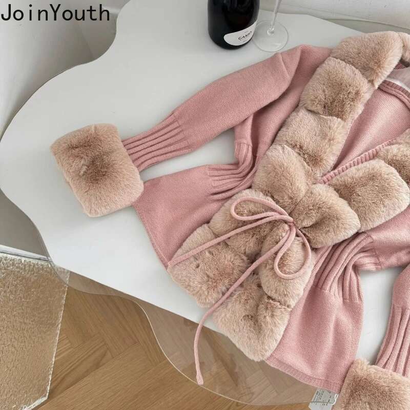 Temperament Sueter Mujer Cardigan Coat Bandage Slim Waist Furry Pull Femme Thicked Fashion Sweater Tops 2025fall Winter Clothes