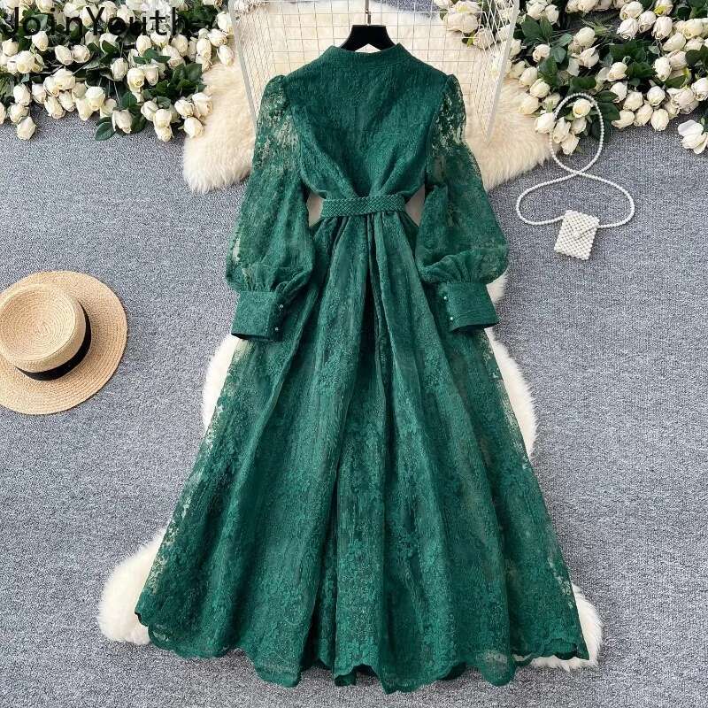 Vintage Single Breasted Dress Women 2025 Vestidos De Mujer Embroidery Slim Fit Lace V-neck Long Sleeve Temperament Robe Femme