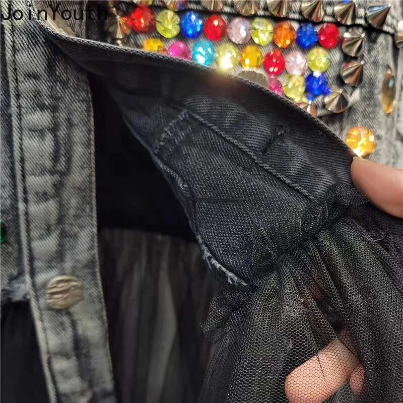 Denim Vest Coat Sleeveless Patchwork Gauze Waistcoats Y2k Tops Heavy Diamond Tanks Casual Fashion Korean Chalecos Para Mujer