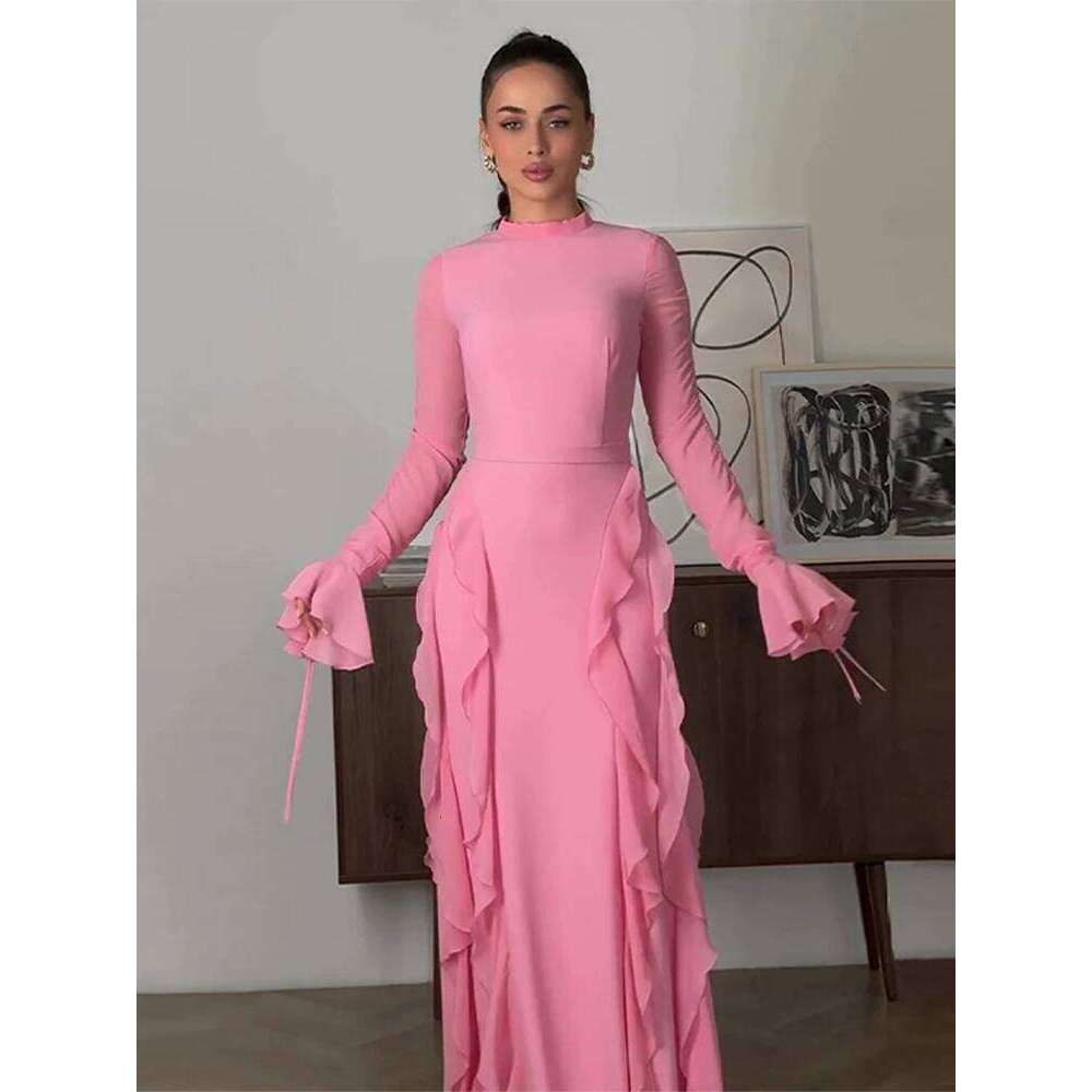Solid Side Ruffle Women Long Dresses Elegant O Neck Butterfly Sleeve Female Dress 2024 New Chic Autumn Evening Party Muslim Robe