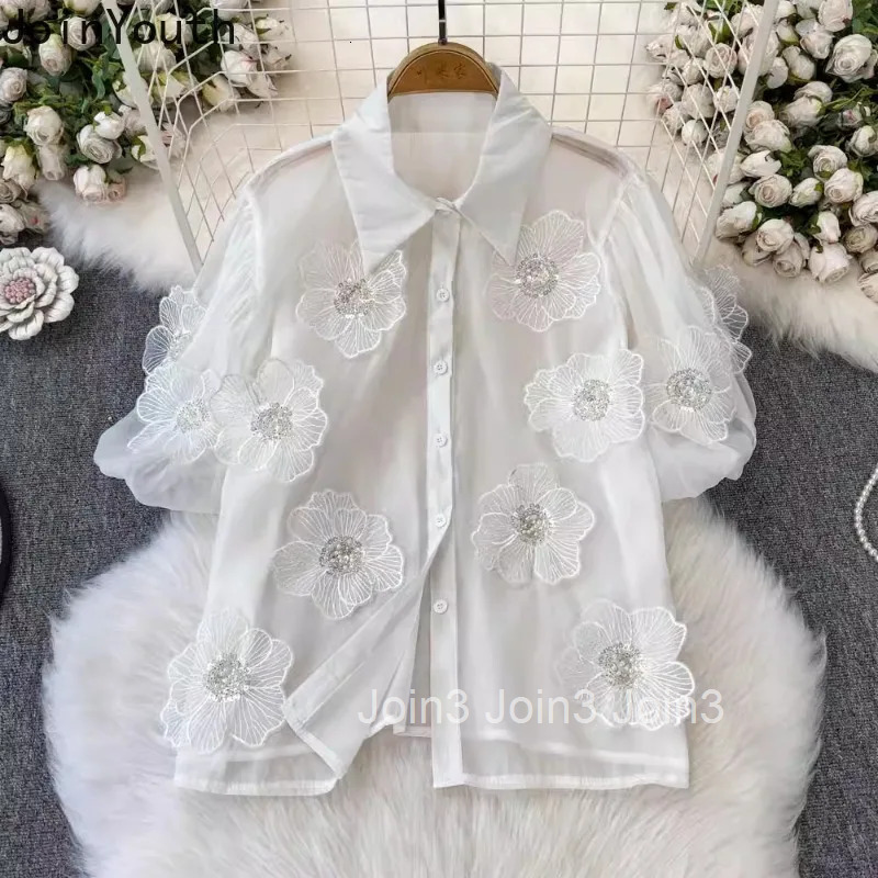 2025 Blusas Mujer De Moda Summer Blouse Womens Clothing Short Sleeve Sweet Sequin Floral Shirt See Through White Blouses Tops