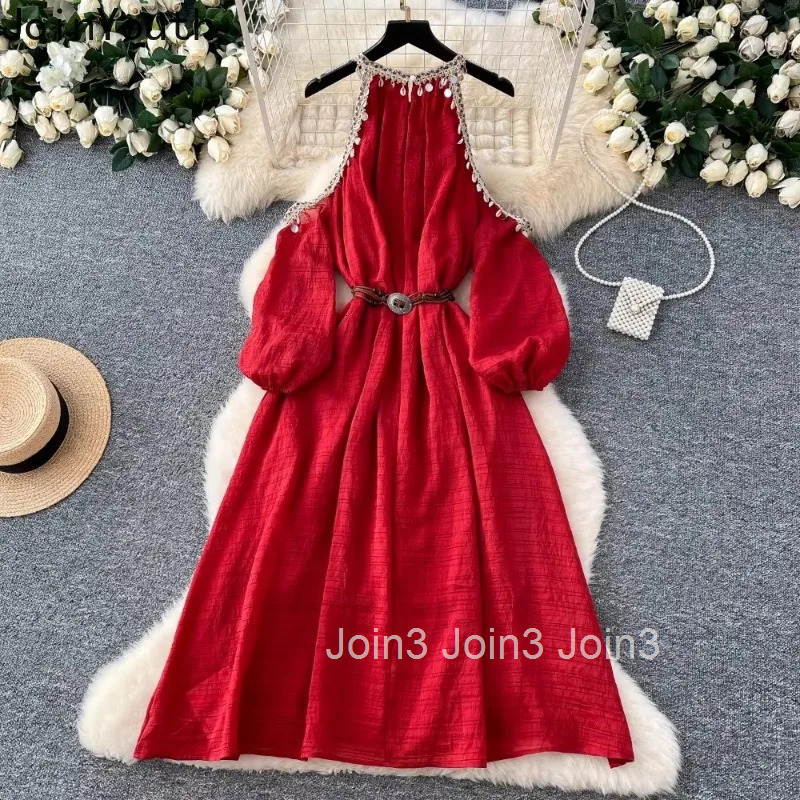 2025 Vestidos De Mujer Holidays Dress Moda Sexy Hollow Out Halter Lantern Slim Waist Mujer Off Shoulder Lace Up Big Swing Robe