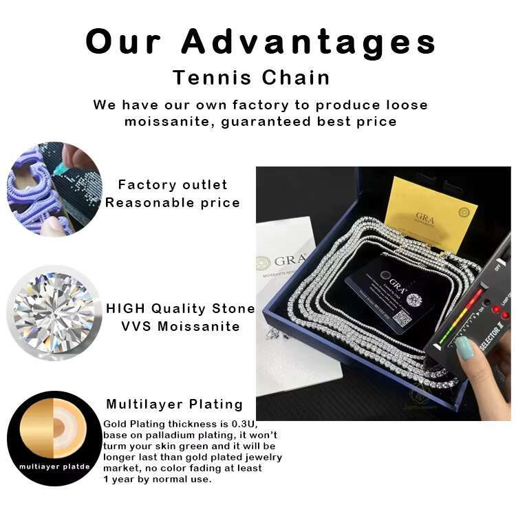 Luxury Moissanite Tennis Necklace Hip Hop Fine Jewelry Iced Out 6.5MM VVS Diamond S925 Sterling Silver Moissanite Chain