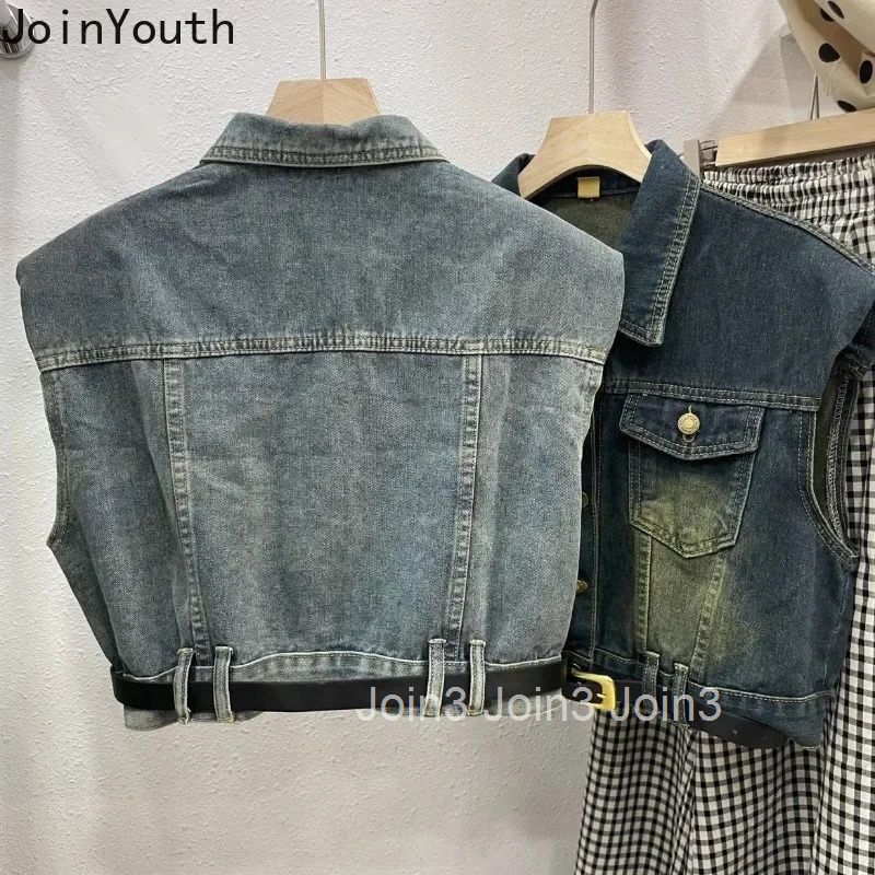 Vintage Sleeveless Women Denim Vest Jackets 2025 Ropa Mujer Fashion Streetwear Waistcoat Crop Tops Casual Fashion Tanks 7m017