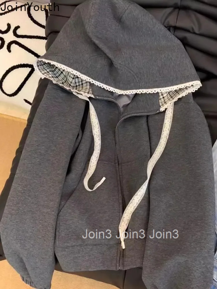 Vintage Women Hoodie Jackets 2025 Womens Clothing Patchwork Lace Hooded Zipper Sweatshirts Crop Tops Causal Fashion Y2k Hoodies