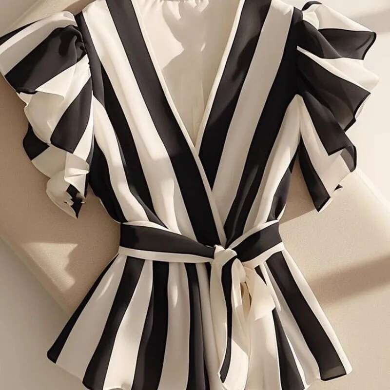 Summer Womens Tops Temperament Blouses for Women 2025 Camisas De Mujer V-neck Slim Fit Shirts Ruffles Striped Vintage Blouse