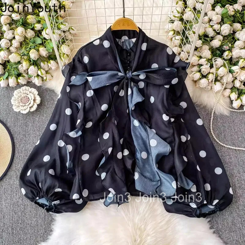 2025 Blusas Mujer De Moda Blouses for Women Stand Neck Bangage Lantern Sleeve Loose Shirts Vintage Polka Dot Ruffles Blouse Tops
