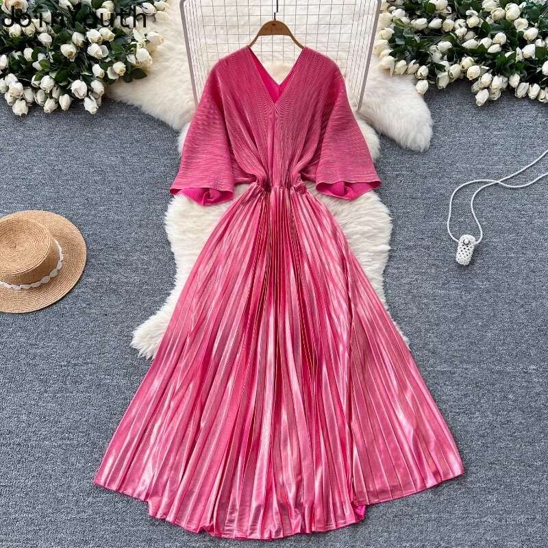 Maxi Dresses Women Solid Color Folds Temperament Robe Femme Slim Waist A-line V-neck Summer Pleated Dress 2025 Vestidos De Mujer