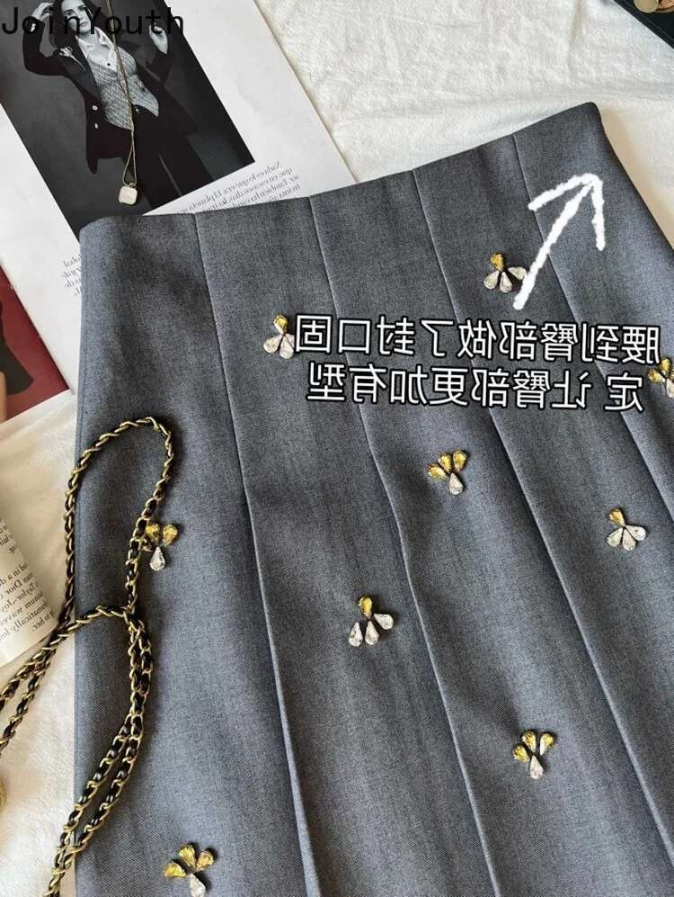 Skirts for Women 2025 Faldas Mujer De Moda High Waist A-line Jupe Heavy Diamond Temperament Skirt Vintage Tunic Korean Saia