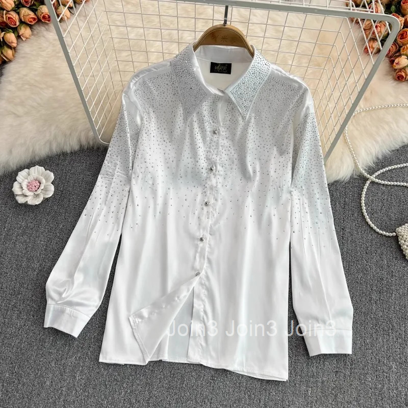 Camisas De Mujer White Blouses for Women Fashion Diamond Single Breasted Loose Tops Vintage Korean Temperament Blouse Shirts