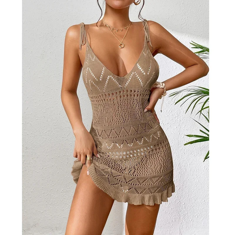 Dress Clothe Summer Solid Color Sleeveless Knitted Cover Up Backless Stylish Beach Dresses 250616