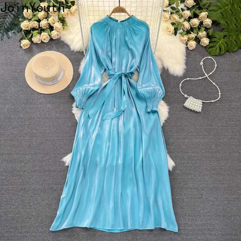 Maxi Dresses Women Temperament Lantern Sleeve Stand Neck Robe Femme 2025 Vestidos De Mujer Bandage A-line Vintage Summer Dress