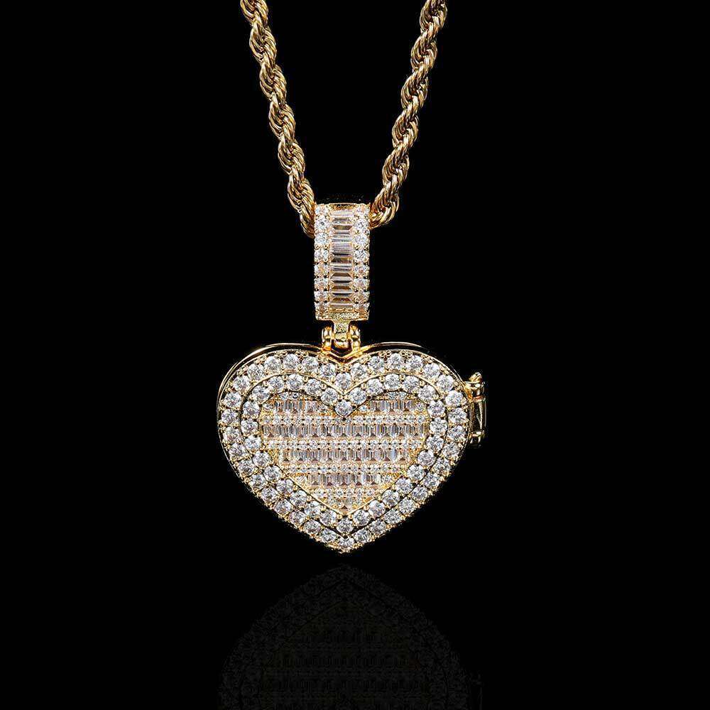 Hip Hop Small Flip Cover Heart Pendant Copper Inlaid Zircon Trendy Brand Personality Photo Frame Men's Necklace 04b2