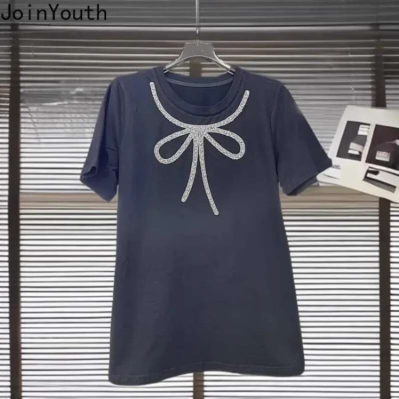 Chic T Shirts for Women White Summer Tees Casual Fashion Tshirts Diamond Bow Sweet Tshirt Tops 2025 Ropa Mujer Korean Camisetas