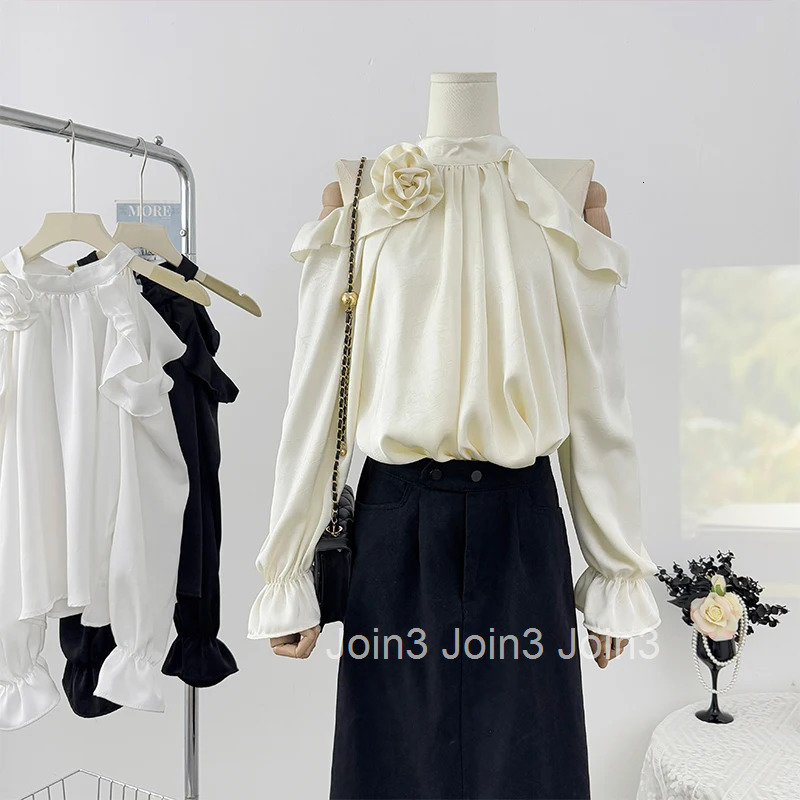 2025 Camisas De Mujer Women Blouses Stand Neck Long Sleeve Off Shoulder Tops 3D Floral Ruffles Solid Color Summer Blouse Shirts