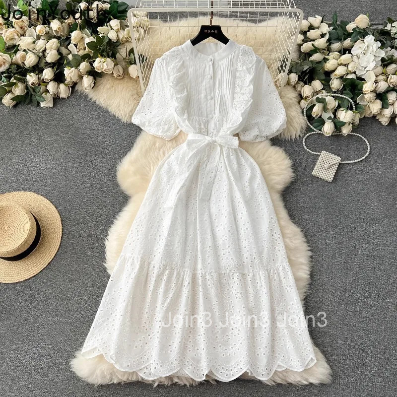 Temperament Robe Femme Vintage Dress Chic Women Clothing 2025 Vestidos De Mujer Puff Sleeve Embroidery Hollow Out Summer Dresses
