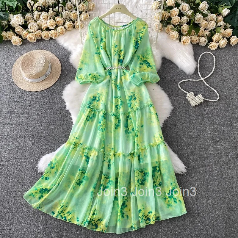 Chiffon Dress for Women Lantern Sleeve Print Summer Robe Femme Ruffles Slim Waist Big Swing Maxi Dresses 2025 Vestidos De Mujer