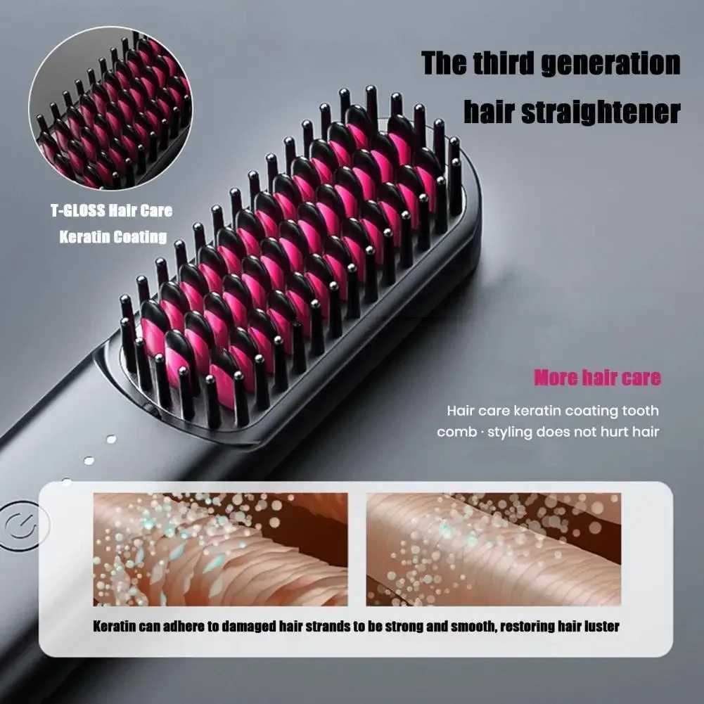 3 Temp Adjustable Hair Straightener Brush Fast Heating Rechargeable Cordless Electric Fluffy Curly Hair Styling Detangling CombXJ250621