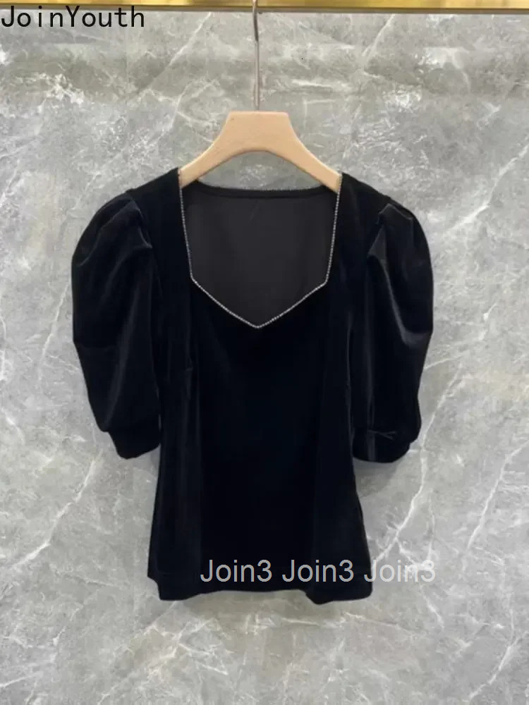 Blusas De Mujer 2025 Temperament Women Crop Tops Square Collar Puff Sleeve Velvet Shirts Diamond Black Tunic Summer Blouses