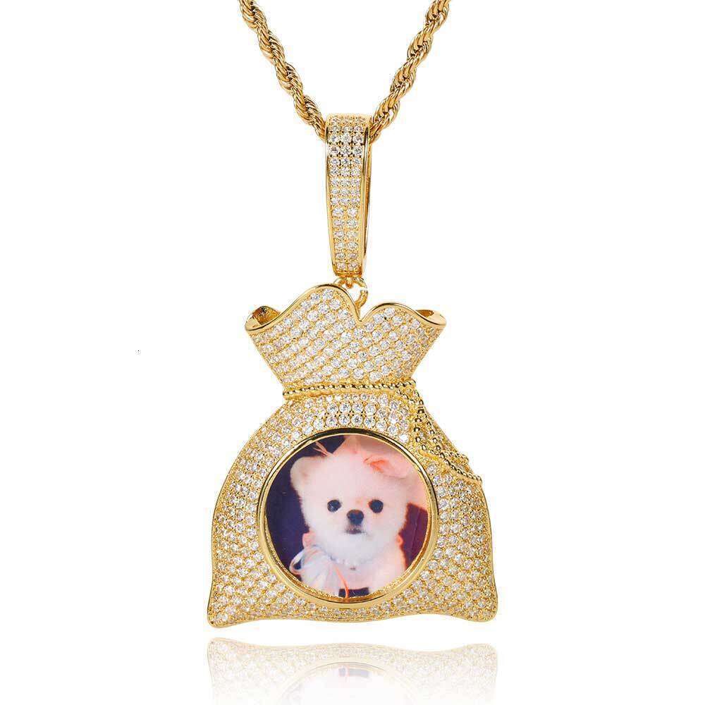 Hip Hop Photo Frame Pendant Micro Paved Zircon Money Bag Creative DIY Personalized Necklace 417e