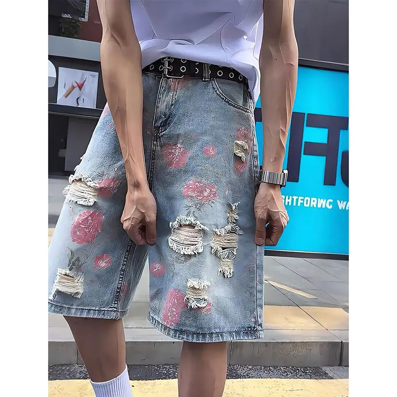 Mens Flower Print Y2k Baggy Ripped Jeans Harajuku Vintage Denim Trousers Japanese 2000s Blue Short Jeans Pants Oversize Clothes 250616