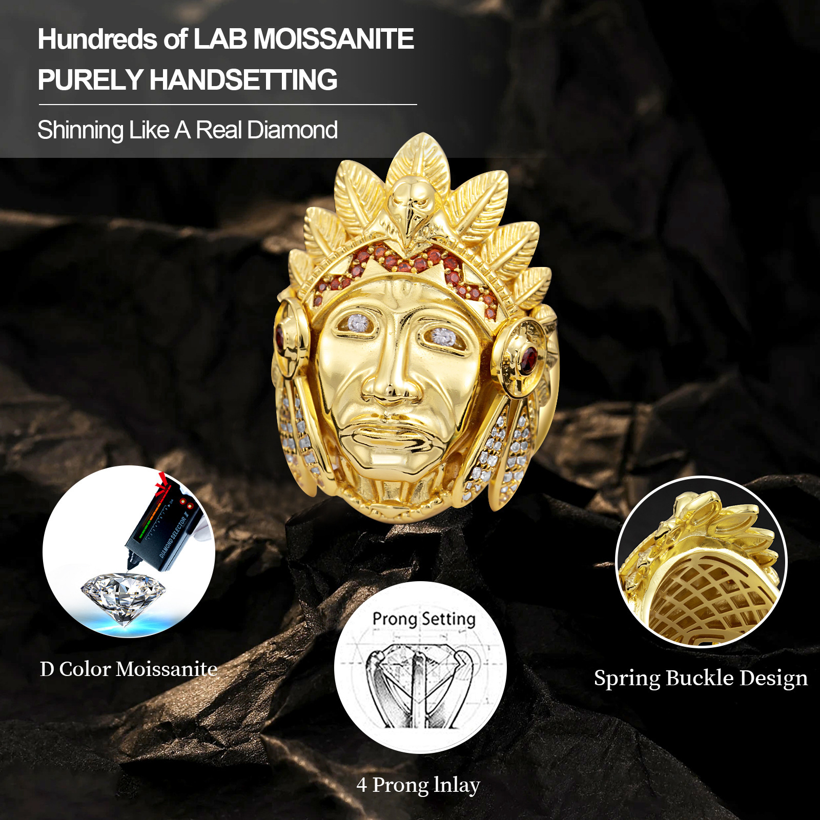Luxury Jewelry American Hip Hop Moissanite Ring Unique High-End Micro Pave Diamond Punk Exaggerated Bold Finger Accessory