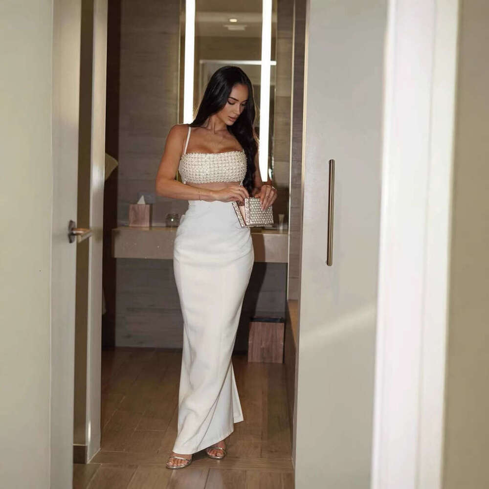 White Skirt Maxi Skirt High End Women S White Sequin Backless Strap Waist Cinching Knitted Bandage Long Dress Long Skirt