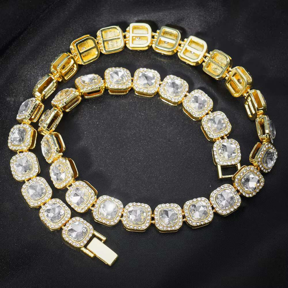 Mens Hip Hop Cuban Chain Set Fashionable Gold Silver Square Diamond Tennis Necklace Link Chain Made of Zinc Alloy
