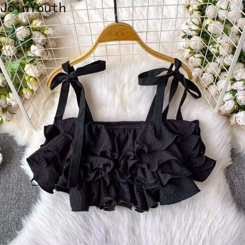 Women Clothes Sweet Vest Crop Tops Bandage Bow Ruffles Tees Fashion Sweet Tees Korean Sexy Camis Backless Folds Summer Y2k Tanks