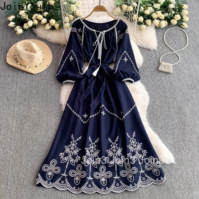 Vintage Dresses Womens Clothing 2025 Vestidos De Mujer O-neck Bandage Lantern Sleeve Robe Femme Chic Embroidery Summer Dress