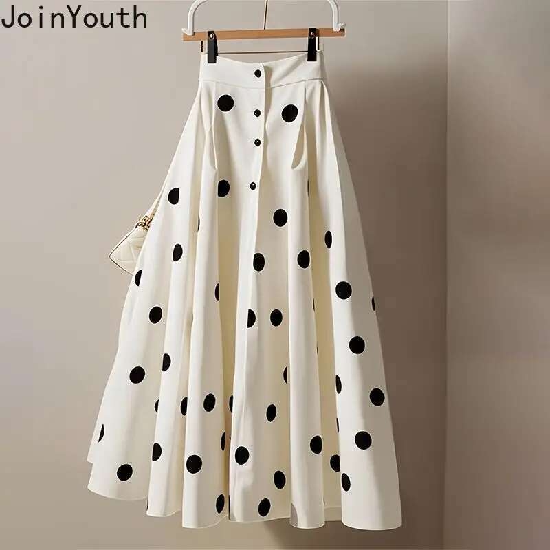 White Polka Dot Skirt for Women 2025 Faldas Mujer De Moda High Waist A-line Jupe Vintage Korean Saia Big Swing Loose Sweet Skirt