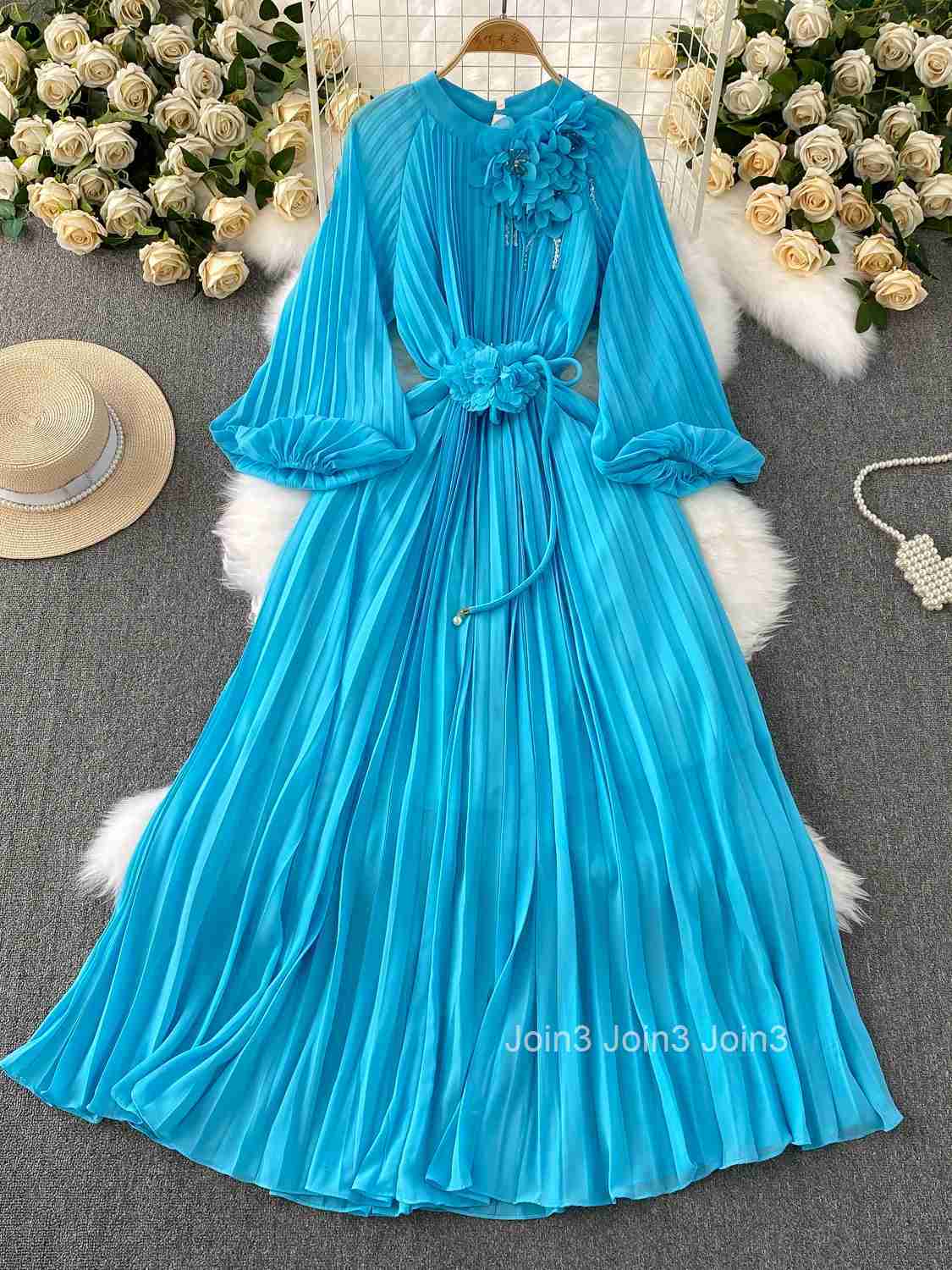 Elegant Summer Dress Lantern Sleeve O-neck Beading 3D Floral Robe Femme 2025 Vestidos De Mujer Solid Color Pleated Maxi Dresses