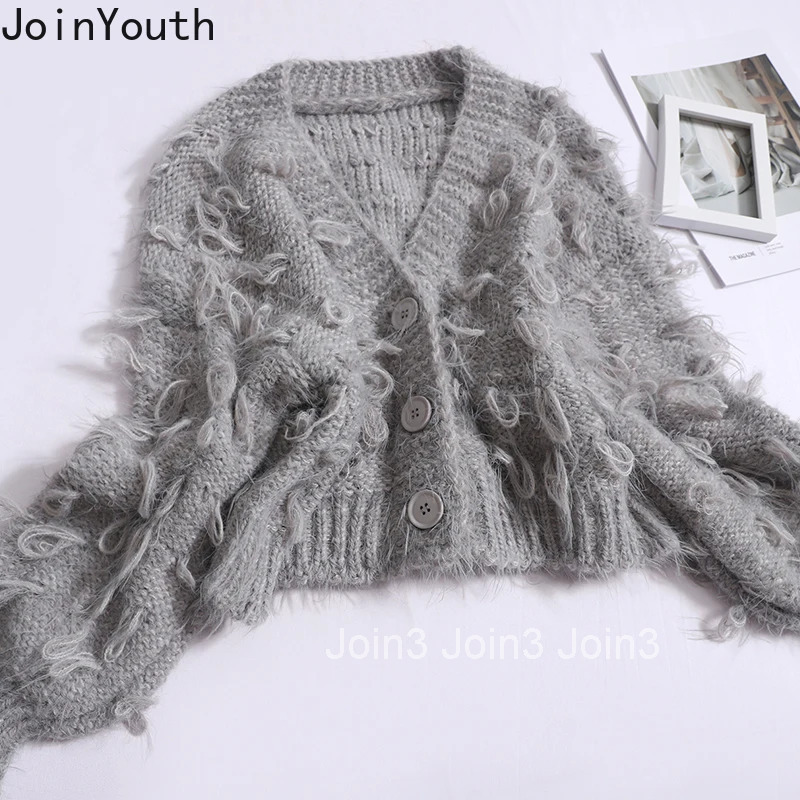 V-neck Tassel Sweet Cardigan Jackets Womens Clothing Sueter Mujer Fashion Korean Pull Femme Loose Knitting Cropped Sweater Tops