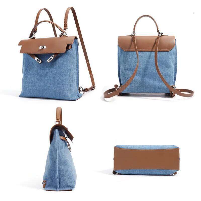 2025 New Women Backpack Fashion Denim Shoulder Genuine Leather Crossbody Bag Large Capacity Minimalist Tote Female Messenger