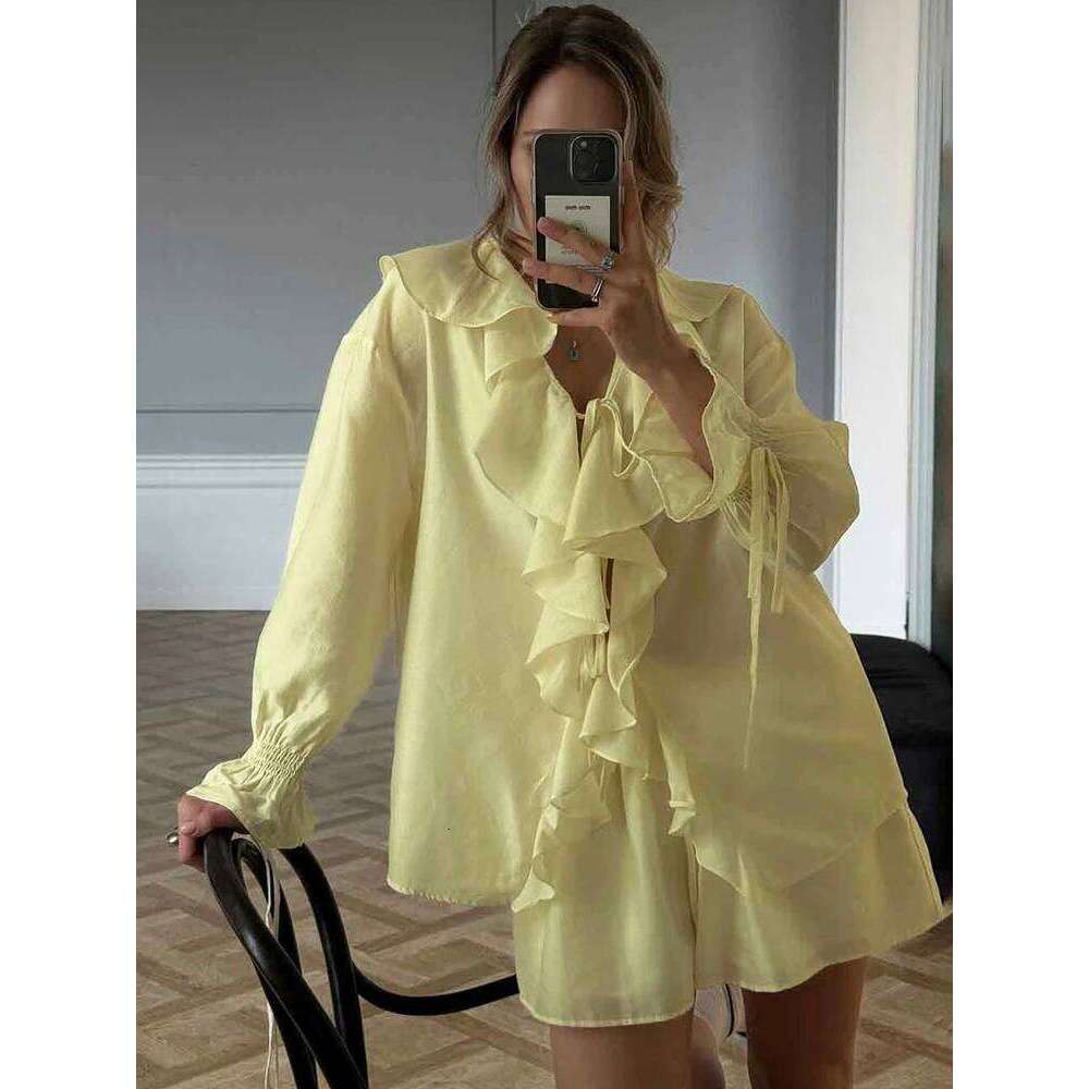 Talenza Women's Two Piece Casual Ruffle Loose Lace-up Top Slim Summer Office Lady Female Shorts Set
