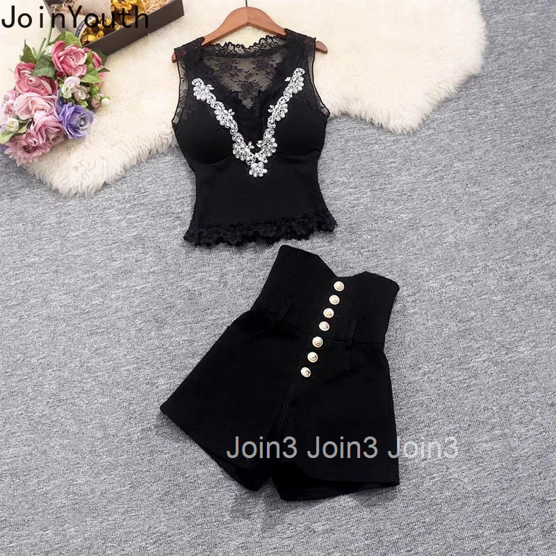 2 Piece Set Temperament Women Clothes Patchwork Lace Diamond Vest Single Breasted High Waist Wide Leg Shorts Suit Summer Outfits