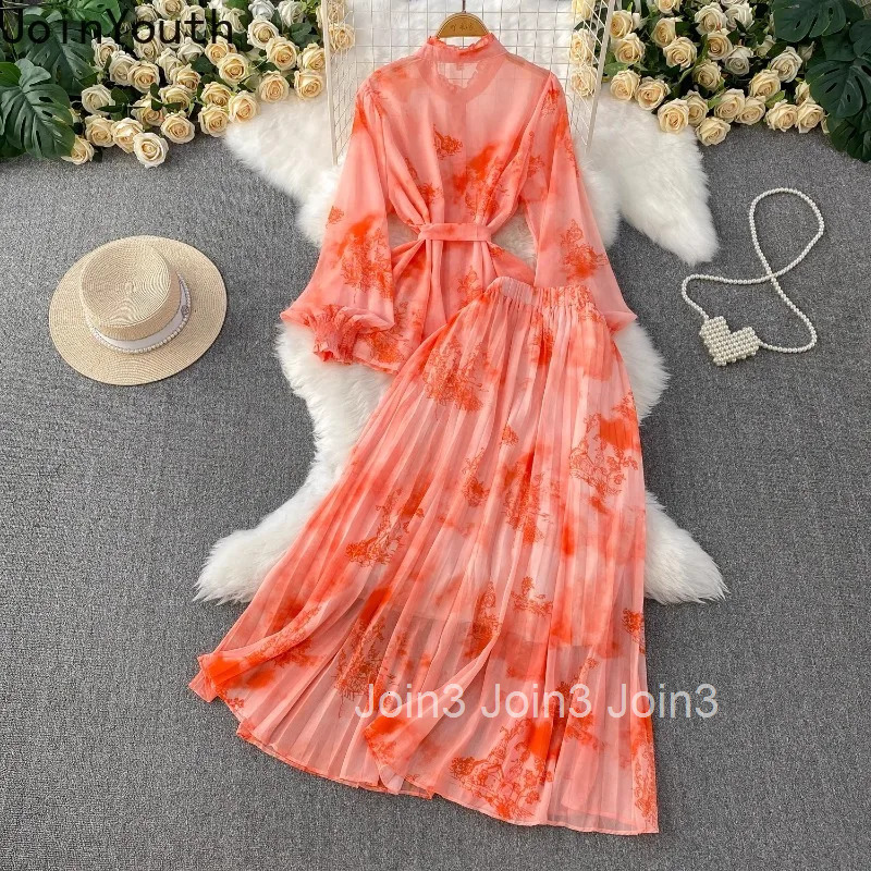 Women Clothing Skirt Suit Summer Floral Print 2 Piece Set Stand Neck Lantern Sleeve Bandage Shirt A-line Pleated Skirts Outfits