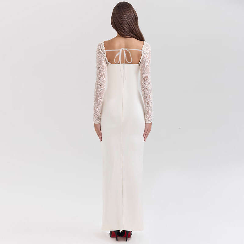 White Skirt Maxi Skirt Fashion Sexy Strapless Lace Long Sleeve Patchwork Waist Cinching Bodycon Dress For Women Long Skirt