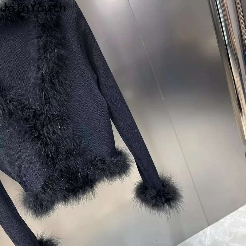Cropped Cardigan Womens V-neck Long Sleeve Tunic Pull Femme Slim Waist Patchwork Feather Knitted Cropped Sweater Sueter Mujer