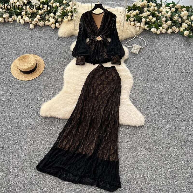 Korean 2 Piece Set Women Clothing 2025 V-neck Slim Waist Tops Slim Fit Bodycon Long Skirt Outfits Chic Temperament Folds Suit