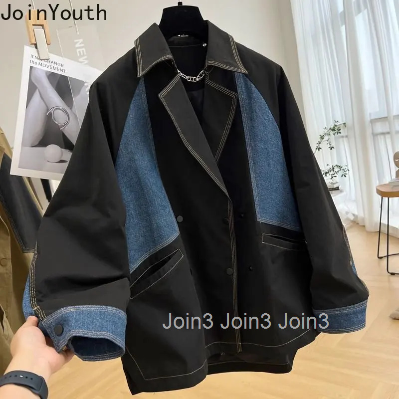 Harajuku Jackets for Women Denim Patchwork Casual Oversized Coats Outwear Fashion Contrast Color Clothes Y2k Coat Korean Tops