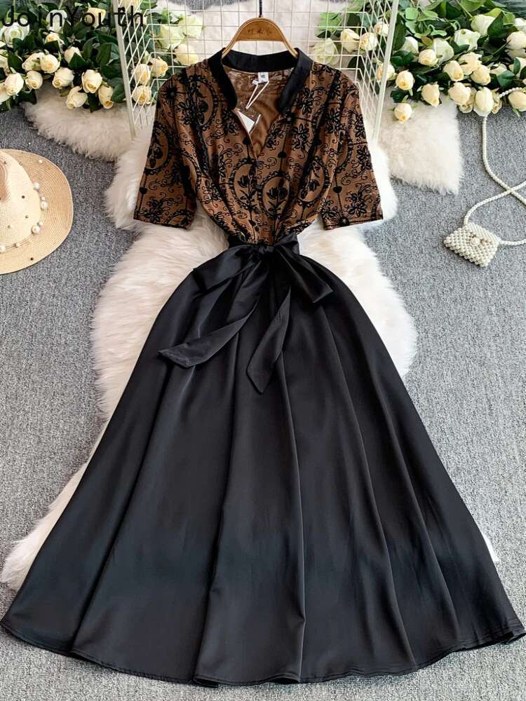 2025 Vestidos De Mujer Summer Dresses Womens Clothing V-neck Bandage Slim Waist A-line Robe Femme Patchwork Lace Vintage Dress
