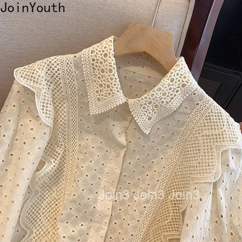 Crop Tops Women Shirt 2025 Blusas Mujer De Moda Hollow Out Patchwork Lace Long Sleeve Blouse Ruffles Chic Korean Sweet Blouses
