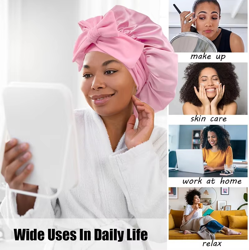 Night Sleep Cap Hair Care Women Satin Bonnet Solid Sleeping Hat Stretchy Tie Band Elastic Night Shower Cap Adjustable Hair Head Cover Bonnet for Women