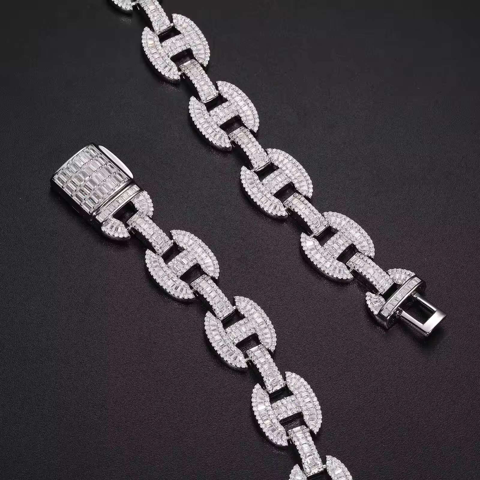 Hot Sale 16mm Baguette Link Chain 925 Sterling Silver Necklace VVS Mossanite Necklace Iced Out Cuban Necklace for Men
